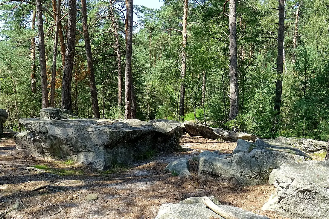 Fontaine-Chaalis (60), forêt d'Ermenonville, route du Bosquet Rond, chaos rocheux, parcelle 159, GR 1 10