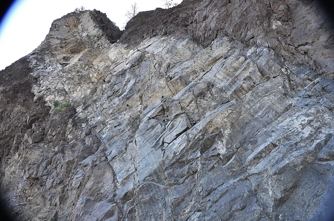 Andesite dike in volcanic debris flow conglomerates (Absaroka Volcanics Supergroup, Eocene, 48-50 Ma; Rt. 14-Rt. 16-Rt. 20 roadcut, Shoshone National Forest, Absaroka Range, Wyoming, USA) 1 (8359833530)
