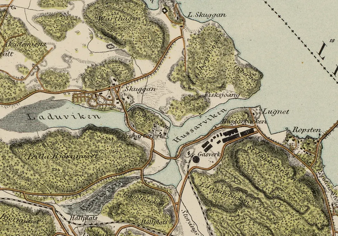 Trakten omkring Stockholm 1861 (blad 5) Uggleviken, Laduviken, Husarviken